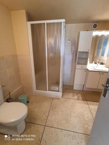 une salle de bain avec douche et toilettes dans l'établissement T2 en rez de jardin d'une villa à saint aygulf à 800 m d'une calanque-mer à pied, à Fréjus