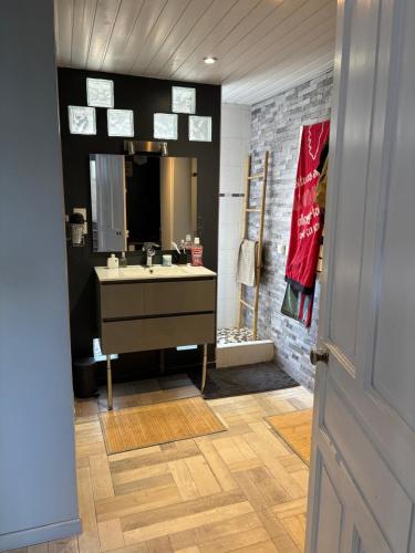 une salle de bain avec un lavabo et un miroir dans l'établissement Maison de ville avec jardin clos, à Carrouges