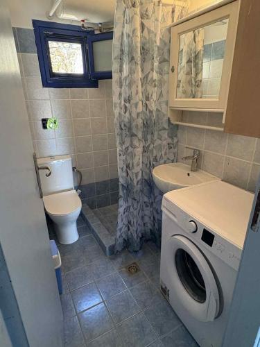 a bathroom with a toilet and a washing machine at Aosa seaside home in Áyios Stéfanos