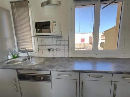 une cuisine avec un évier et un micro-ondes dans l'établissement Le Mimosa, à Cavalaire-sur-Mer