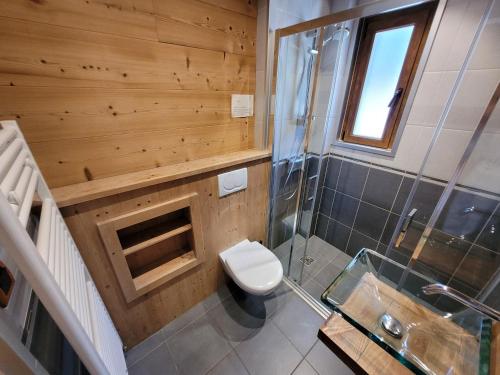 a bathroom with a toilet and a glass shower at Appartement cosy aux Gets, idéal pour la famille, proche pistes et commerces - FR-1-598-104 in Les Gets