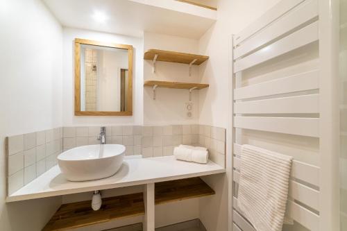 une salle de bain avec un lavabo et un miroir dans l'établissement La Cabane du Port WIFI/Plages, à Hyères