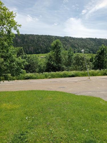 un parking vide avec un panneau de rue dans l'herbe dans l'établissement Appartement BOIS D'AMONT, à Bois-dʼAmont