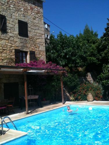 une personne dans une piscine à côté d'un bâtiment dans l'établissement Traditional Corsican house with private swimming pool, à Cauro