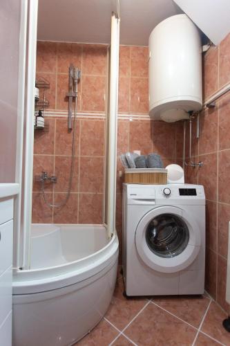 a bathroom with a washing machine and a shower at Lima 5th apartment in Novi Pazar