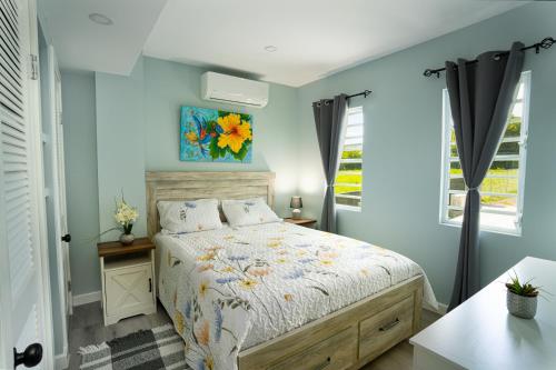 a bedroom with blue walls and a bed and a window at Xoop Homes - Zinnia #2 in Osbourn