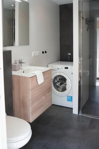 a bathroom with a sink and a washing machine at -Duna Lago- nabij het meer, restaurants en Keukenhof in Noordwijkerhout