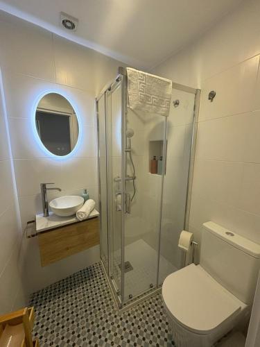 a bathroom with a shower and a toilet and a sink at Great Studio in Plasencia