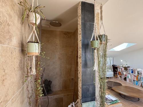 La salle de bains est pourvue d'une douche murale avec des plantes. dans l'établissement Duplex with Terrace Bordeaux - Light & View, à Bordeaux
