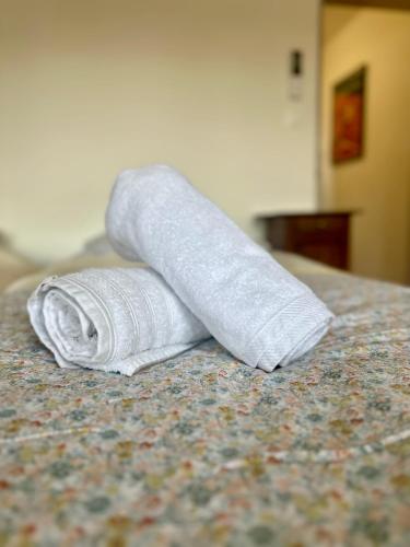 un rouleau de papier toilette assis sur un lit dans l'établissement Run'Albi - MAISON DE VILLE CLIMATISE - CENTRE VILLE - 2 CHAMBRES, à Albi