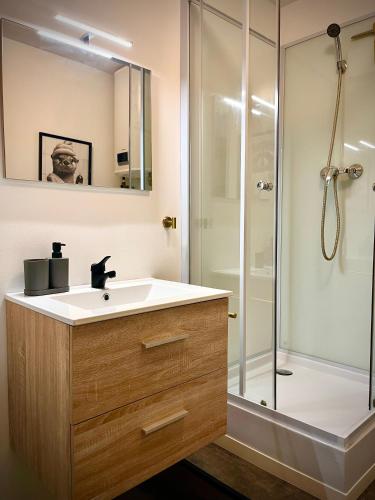 une salle de bain avec un lavabo et une douche dans l'établissement Auberge du roc, à Saint-Ambroix