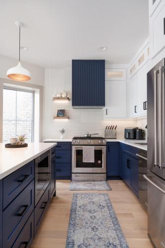 a kitchen with blue cabinets and a stove at Ace Properties in Chicago