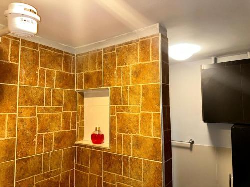 a bathroom with a tiled shower with a red vase in it at Apartaestudios - Torre de Cali in Cali