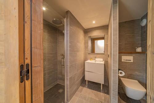 une salle de bain avec une douche, des toilettes et un lavabo dans l'établissement Paradisa- Terrasse Mont-Blanc, à Chamonix-Mont-Blanc