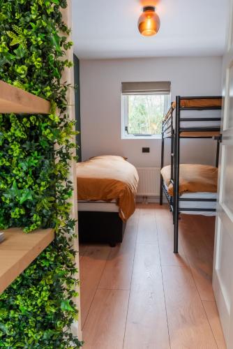 a room with bunk beds and a green wall at Boshuisje Seth sauna en whirlpool in Appelscha