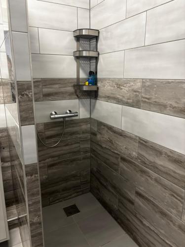 a bathroom with a shower with a glass door at Piemona Mini Apartman in Miskolc