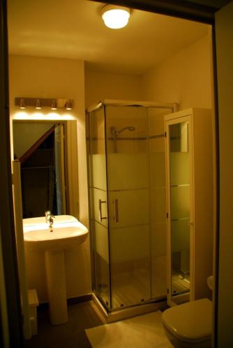 une salle de bain avec une douche en verre et un lavabo dans l'établissement Le Caroline, à Marseille