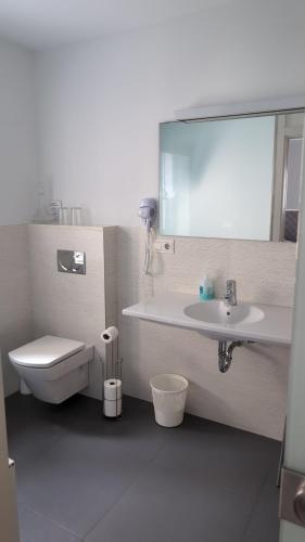 a bathroom with a sink and a toilet and a mirror at Pensión Iribar in Getaria