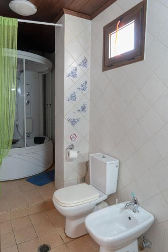 a bathroom with a toilet and a sink and a tub at Thodorou Sunset Villa in Stalos