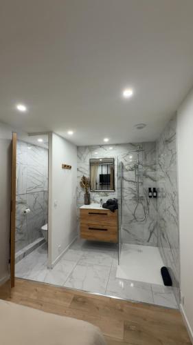une salle de bain avec douche et lavabo dans l'établissement Appartement cosy proche mer calme, à Les Adrets-de-l'Estérel