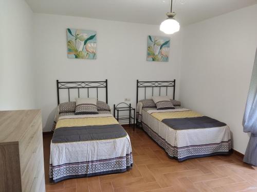 deux lits dans une chambre aux murs blancs et au parquet dans l'établissement Casa Carreta, à Serres