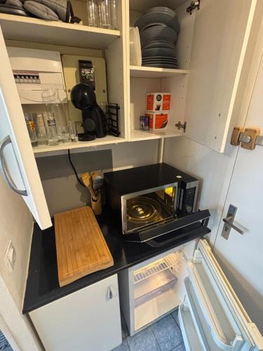 un micro-ondes posé sur un comptoir dans une cuisine dans l'établissement Studio hyper centre de Rennes, à Rennes