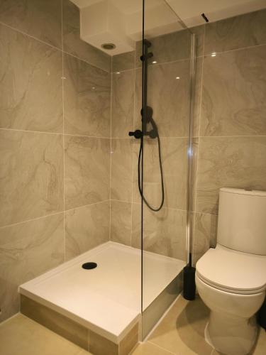 La salle de bains est pourvue d'une douche et de toilettes. dans l'établissement Appartement castellane, à Marseille