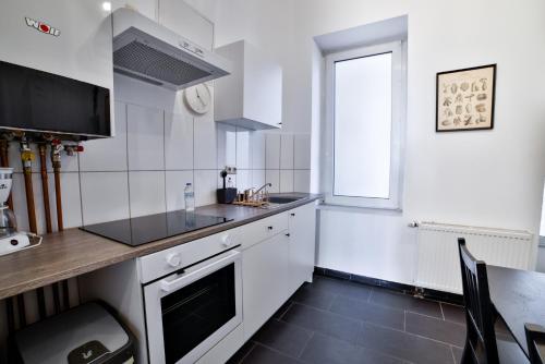 a white kitchen with a counter and a window at Altbauoase im Goethequartier in Bremerhaven