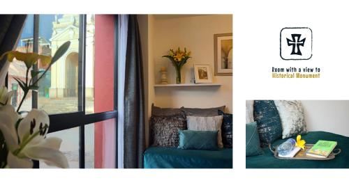 two pictures of a living room with a couch and a window at MONTFORT Suite Royale Stylish Location with View to Bogotá's historical Church in Bogotá