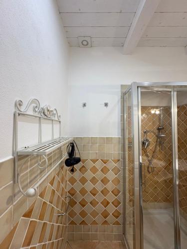 a bathroom with a walk in shower and a glass shower stall at Appartamento il Paguro a Cala Francese in La Maddalena