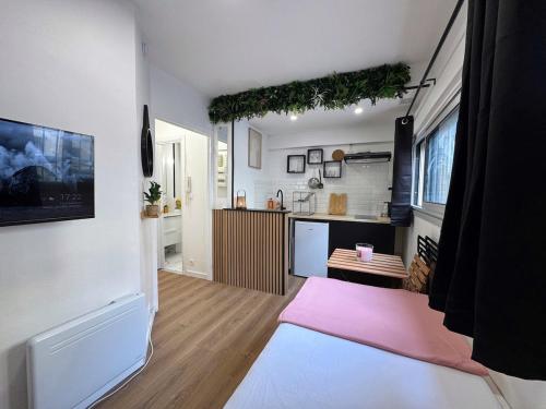 une cuisine et un salon avec un tapis rose dans l'établissement Le Germier - Studio en hyper-centre de Toulouse, à Toulouse