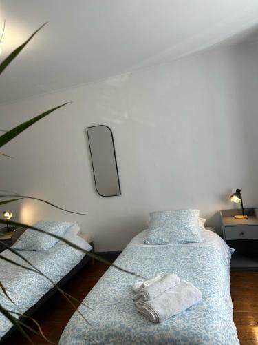 a bedroom with two beds with towels on them at Appartement calme avec jardin in Nancy