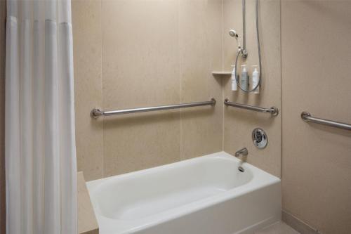 a bathroom with a bath tub with a shower curtain at Hilton Garden Inn Portland Downtown Waterfront in Portland