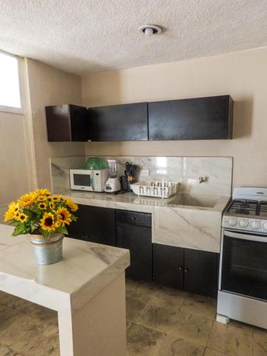 a kitchen with black cabinets and a table with flowers at Hotel Boutique Flores y Gemas in Mérida