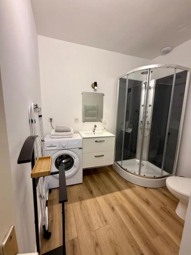 La salle de bains est pourvue d'un lave-linge et d'un miroir. dans l'établissement Joli Cocon au Cœur de la Petite Cité de Caractère, à La Celle-sous-Gouzon