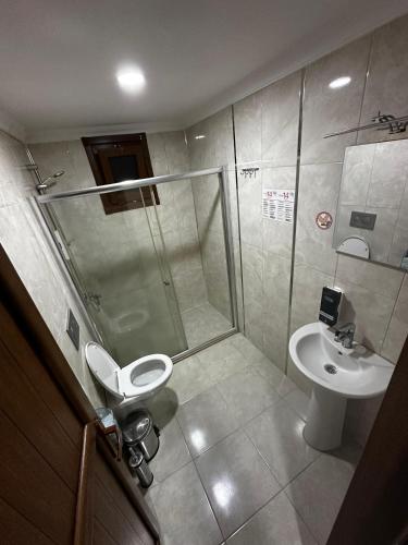 a bathroom with a shower and a toilet and a sink at Ayder Haylaz otel in Çamlıhemşin