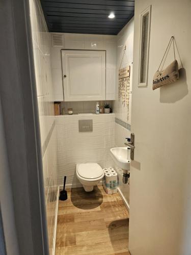 une petite salle de bain avec toilettes et lavabo dans l'établissement Entre mer et forêt T5- 100m2, à La Seyne-sur-Mer