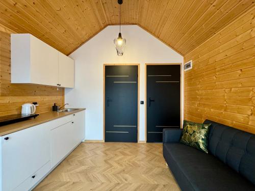 a living room with a couch and a kitchen at Wooden studies in Piotrowice