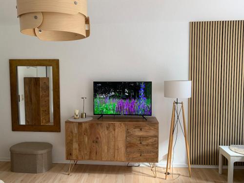 a living room with a flat screen tv on a wooden cabinet at Schwarzwaldliebe in Schonwald im Schwarzwald