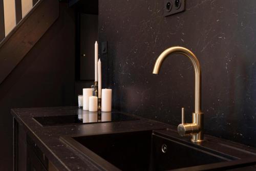 - un comptoir de cuisine avec un évier et un robinet dans l'établissement Suite Medici - Check in h24 - Wifi, à Lyon