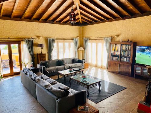 a living room with two couches and a tv at Large Heated Pool, Hot Tub, Bar, Games Room, Gym, 2 Caves, New Outdoor Kitchen in Atogo