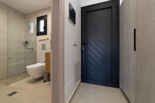 a bathroom with a blue door and a toilet at NS Apartments Nydri in Nydri