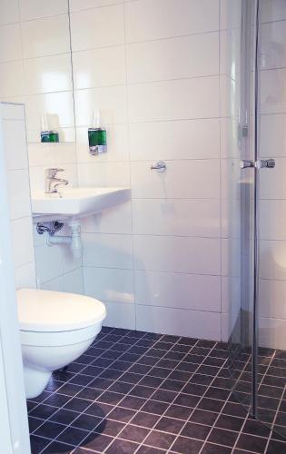 a bathroom with a toilet and a sink and a shower at Hotel Marena in Andenes