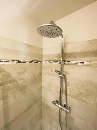 une douche avec pommeau de douche dans une salle de bain dans l'établissement Le Baya - Appt proche des Halles, à Narbonne