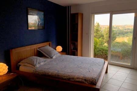 une chambre avec un lit avec un mur bleu dans l'établissement Le Mirador, à Béziers