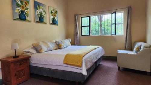 a bedroom with a bed and a window and a chair at Hotel Sautto in San Miguel de Allende