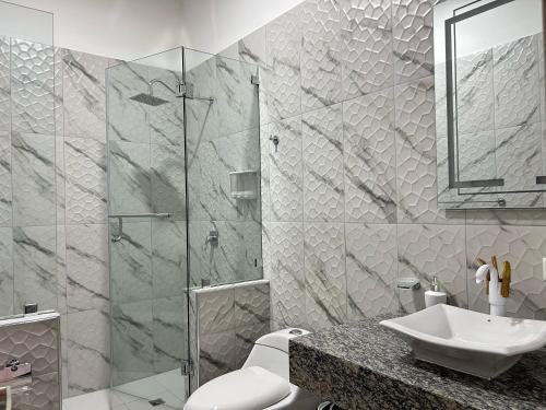 a bathroom with a toilet and a sink and a shower at Hotel Palace in La Concordia