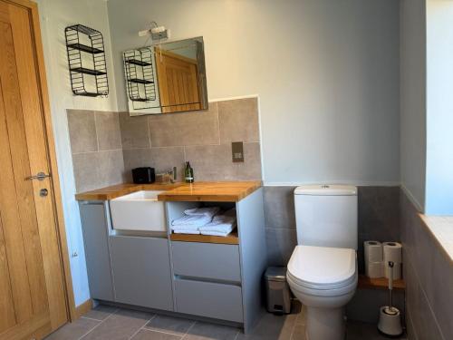 a small bathroom with a toilet and a sink at The Sidings, Wool in Wareham