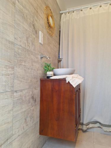 a bathroom with a sink and a shower at Pintó-apart in Cafayate