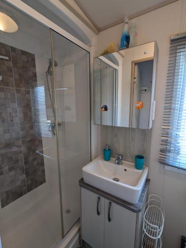 a bathroom with a sink and a shower at Beautifully presented beachcomber holiday home sited on the Durdle Door holiday park within a few minutes walk from the path that leads to the famous Durdle Door arch and Lulworth cove in West Lulworth
